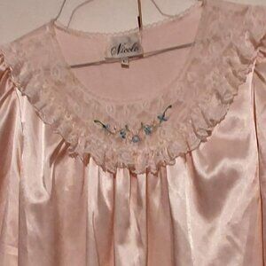 Nicole Womans New Pink nightgrown L Satin Brished Flannel Lining Embroideered